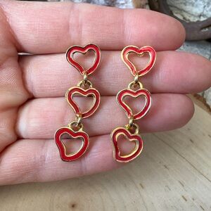 Gold and Red Heart Drop Stud Earrings